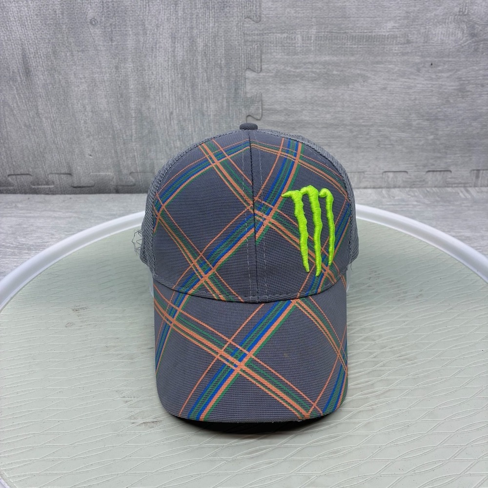 Monster Energy Trucker Hat Cap Snapback Gray Plaid Motocross Y2K Logo